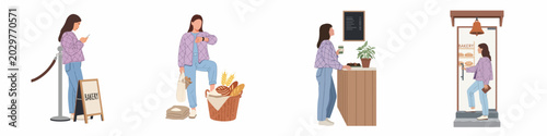 Photos Sequence of a young woman visiting a bakery: waiting in line, checking time, ordering coffee, and entering the store, flat vector illustration