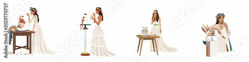 Bild auf Leinwand Set of boho brides in elegant lace wedding dresses enjoying delicious wedding cake in a minimalist flat illustration style
