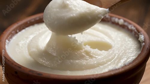 Close up of creamy yogurt being stirred in a rustic clay bowl.