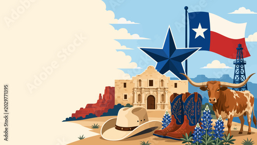 Photos Texas Icons Montage: A vibrant collage celebrating the spirit of Texas, featuring iconic symbols like the Alamo, a longhorn steer, cowboy boots, a Stetson hat, bluebonnets, a Texas flag