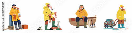 Obraz na płótnie Set of flat cartoon illustrations depicting fishermen in yellow raincoats, holding squid, standing by boats, and using various sea-themed equipment