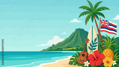 Hawaiian Paradise: A tropical beach scene with palm trees, surfboards, a ukulele, and hibiscus flowers sets the stage for an idyllic vacation, embodying the spirit of Aloha.