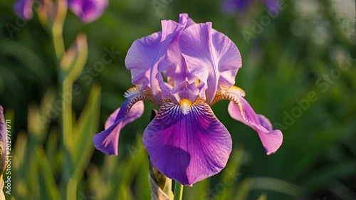 Closeup of a beautiful purple iris flower blooming in a garden.