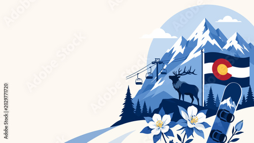 Bilde på lerret Colorado Adventure Montage: A vibrant illustration capturing the essence of Colorado, featuring snow-capped mountains, ski lifts, a majestic elk, the state flag, a snowboard
