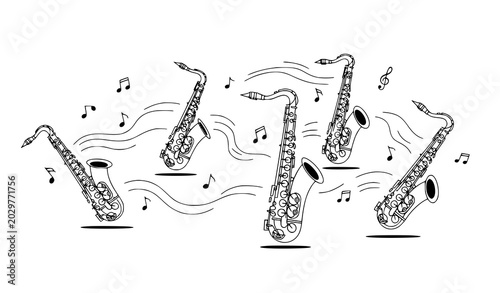 Cuadro en lienzo Saxophone ensemble with musical notes black and white sketch