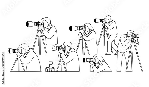 Tableau sur toile Wildlife photographers with cameras and tripods line art illustration