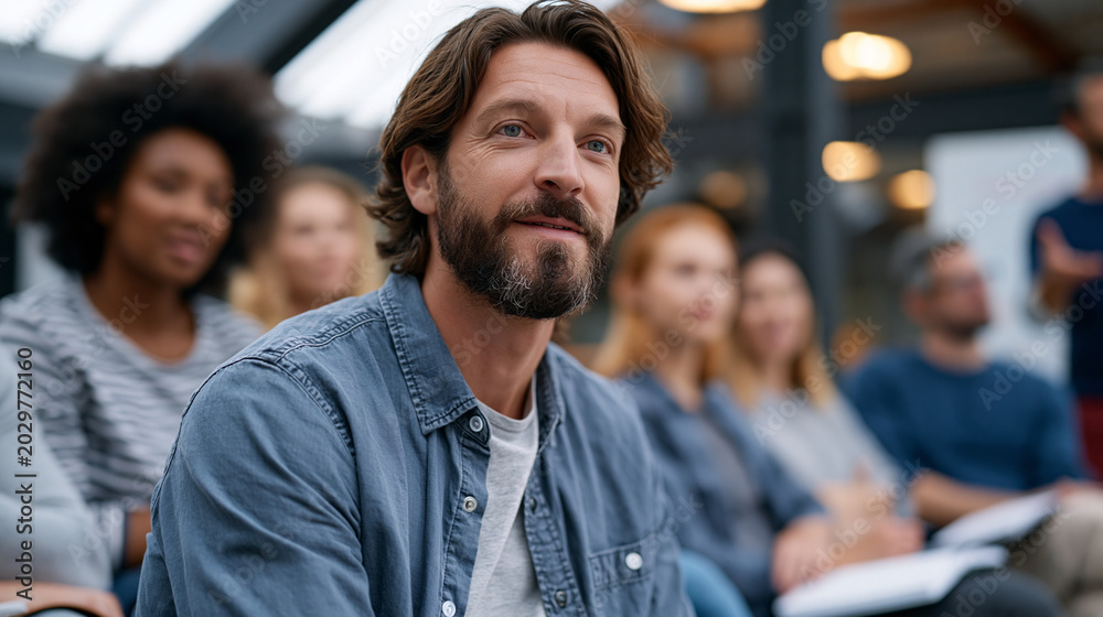 Fototapeta premium A diverse cohort of early-stage entrepreneurs seated in a circle inside a converted warehouse accelerator space, overcast dramatic sky visible through skylights, notebooks open, mentor gesturing at 