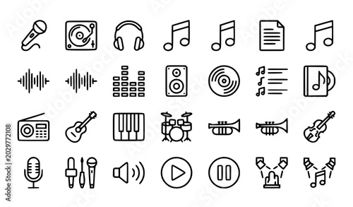 Professional Music Stroke Icons Set with Karaoke DJ Party and Audio Symbols Vector