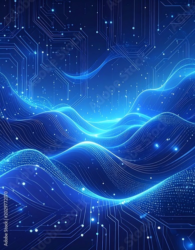 Futuristic blue circuit board waves technology.