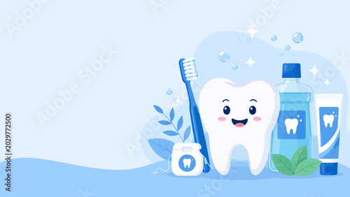 Smiling Tooth and Dental Care: A cute anthropomorphic tooth smiles beside dental hygiene tools like a toothbrush, floss, toothpaste, and mouthwash, promoting oral health in a bright blue.