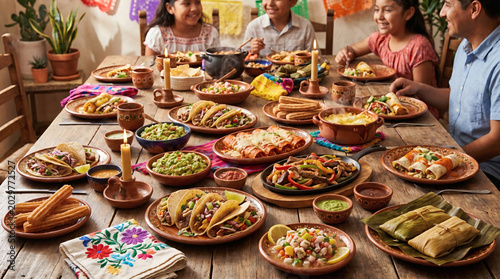 Mexican family feast with variety of traditional dishes and tacos