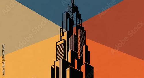 Art Deco Skyscraper Silhouette against Geometric Retro Background