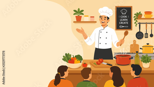 Obraz na płótnie Culinary Class Fun: A cheerful chef in a white uniform instructs a group of eager students in a brightly lit kitchen, demonstrating the art of cooking with fresh ingredients