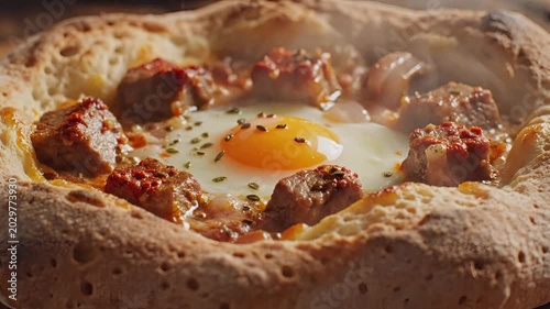 Delicious Khachapuri with Egg and Meat Filling Closeup.