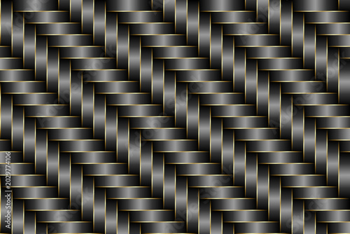 Woven pattern of interlaced metallic black and silver strips accented with thin golden edges, creates  basket-weave design with luxurious, textured appearance.