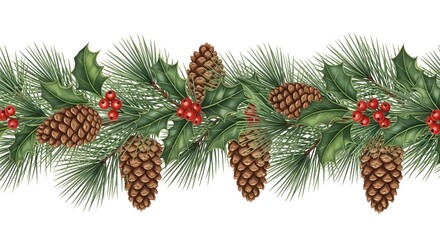 Christmas garland border with pine branches and holly isolated on white