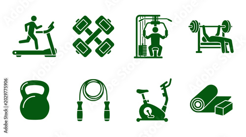 Cuadro en lienzo Collection of gym equipment and fitness icons including a treadmill, weights, ke