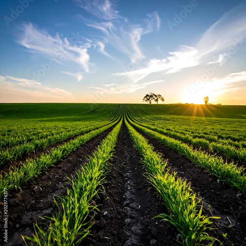 Green grass field with soil rows.