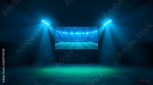 Dark room lit by a large projector screen during football night, with blue and green stadium light reflecting across the space and creating a tense cinematic atmosphere