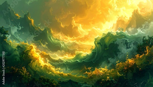 Vibrant ethereal landscape painting with golden light illuminating swirling green and yellow clouds above stylized hills