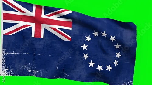 Waving Cook Islands Flag with Union Jack and Stars on Green Screen Background.