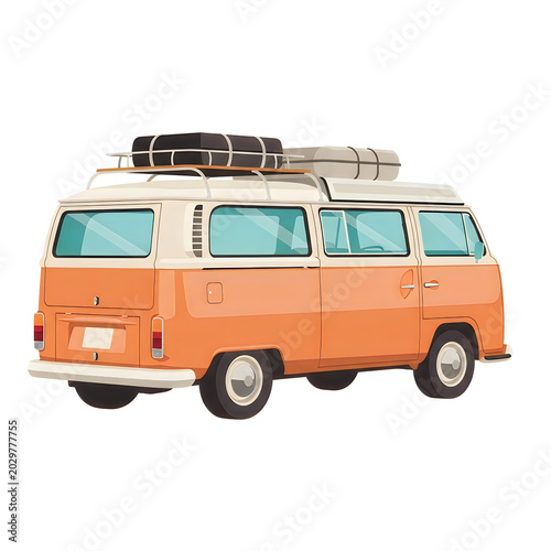 Retro orange camper van with luggage on the roof