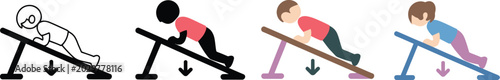 Photos Incline push up, workout icons, exercise posture symbols showing proper and improper form for fitness instruction and training graphics