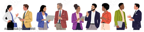 Vector set of diverse professionals in business attire holding devices and documents while collaborating and communicating in workplace setting