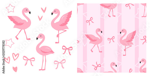 Cute flamingo ribbon and heart seamless pattern pastel pink striped tropical background design.