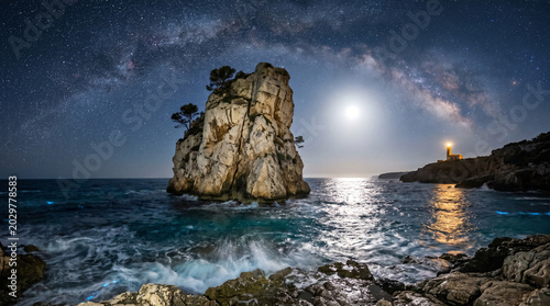 Stunning seascape with rocky outcrop, lighthouse, and starry night sky over ocean waves crashing