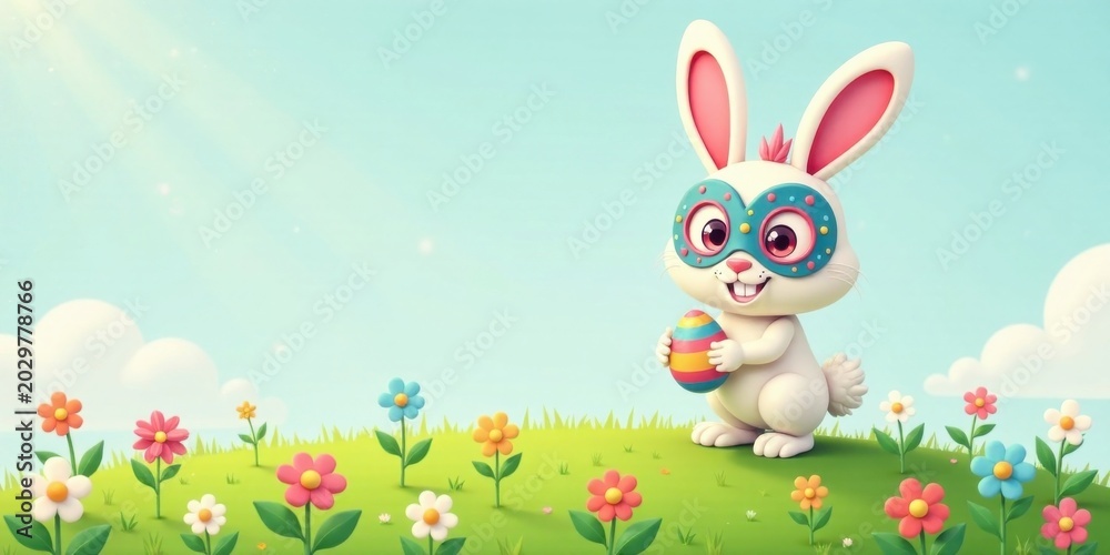 Fototapeta premium Delightful Easter Bunny in Festive Mask Holds Decorated Egg Amidst Spring Blossoms