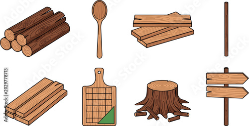 Foto Wooden Object Vector Set Featuring Logs Planks Spoon Tree Stump Cutting Board an