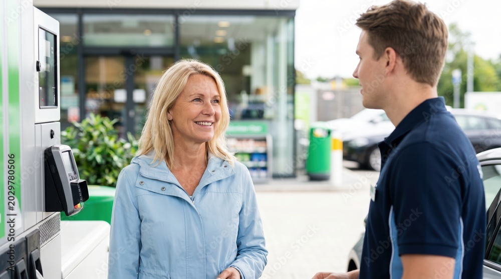 Fototapeta premium A woman stands near a gas pump talking to an attendant. She appears to be asking a question while the attendant listens attentively. It is a clear day