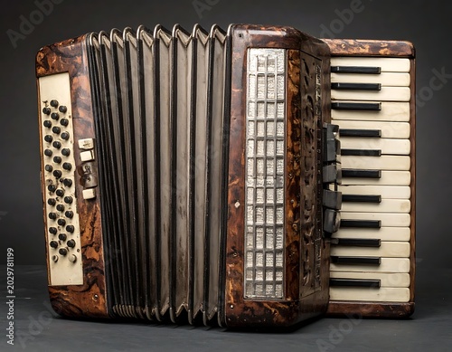 Vintage accordion instrument with buttons.