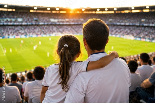 Father and daughter watching a football match in a stadium at sunset, dressed in white t-shirts, from the stands; an emotional family sports scene with cinematic lighting and a vibrant atmosphere.
