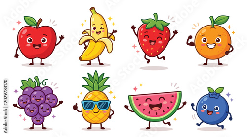 Cute cartoon fruits with happy faces and funny expressions in this bright colorful vector illustration set