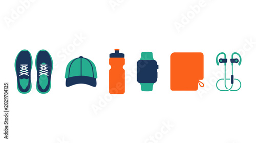 Set of sports and fitness equipment icons in flat style.
