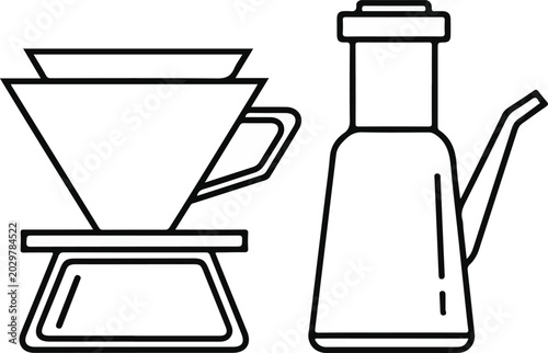 Tableau sur toile Minimalist line art illustration of a pour-over coffee dripper and a gooseneck kettle