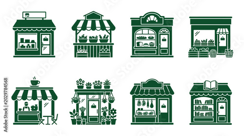Bild auf Leinwand Collection of illustrated storefronts featuring various businesses like a bakery