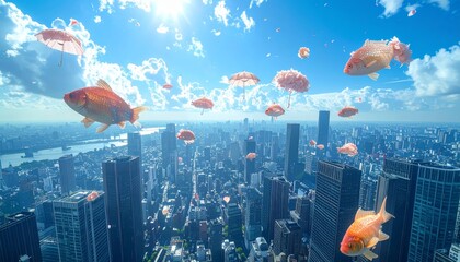 Goldfish swim through bright blue sky over modern cityscape