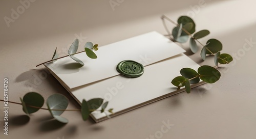 Elegant invitation, white envelope with green wax seal, eucalyptus leaves, soft light