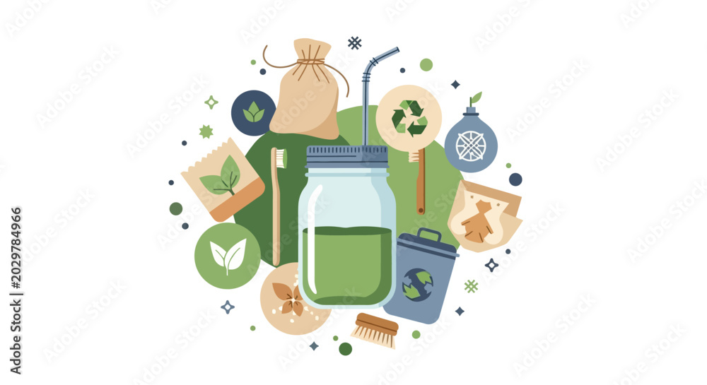 Naklejka premium Sustainable Zero Waste Lifestyle Illustration with Eco-Friendly Products, Green Living Icons, and Plastic-Free Alternatives for Environmental Conservation