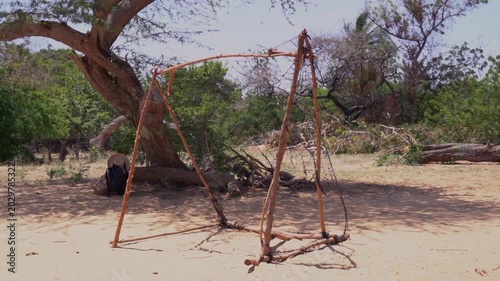 A soccer goal made from rudimentary tree wood materials at a rural school in Venezuela