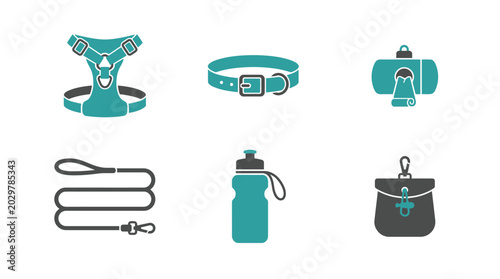Collection of Essential Pet Walking and Training Equipment Icons.