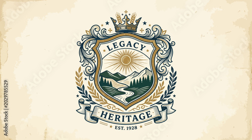 Foto Vintage emblem featuring mountains and sun, representing legacy and heritage, su