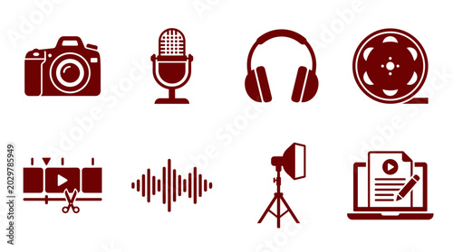 Tableau sur toile Collection of media icons representing photography, audio, and video production