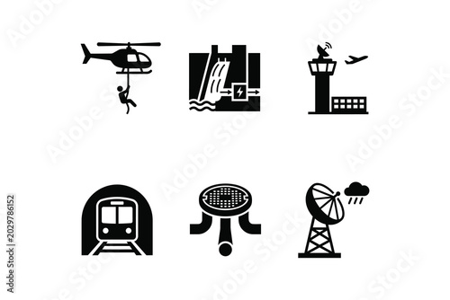 Infrastructure Icon Set With Helicopter Dam Airport Subway Sewer And Radar Black Vector Artwork