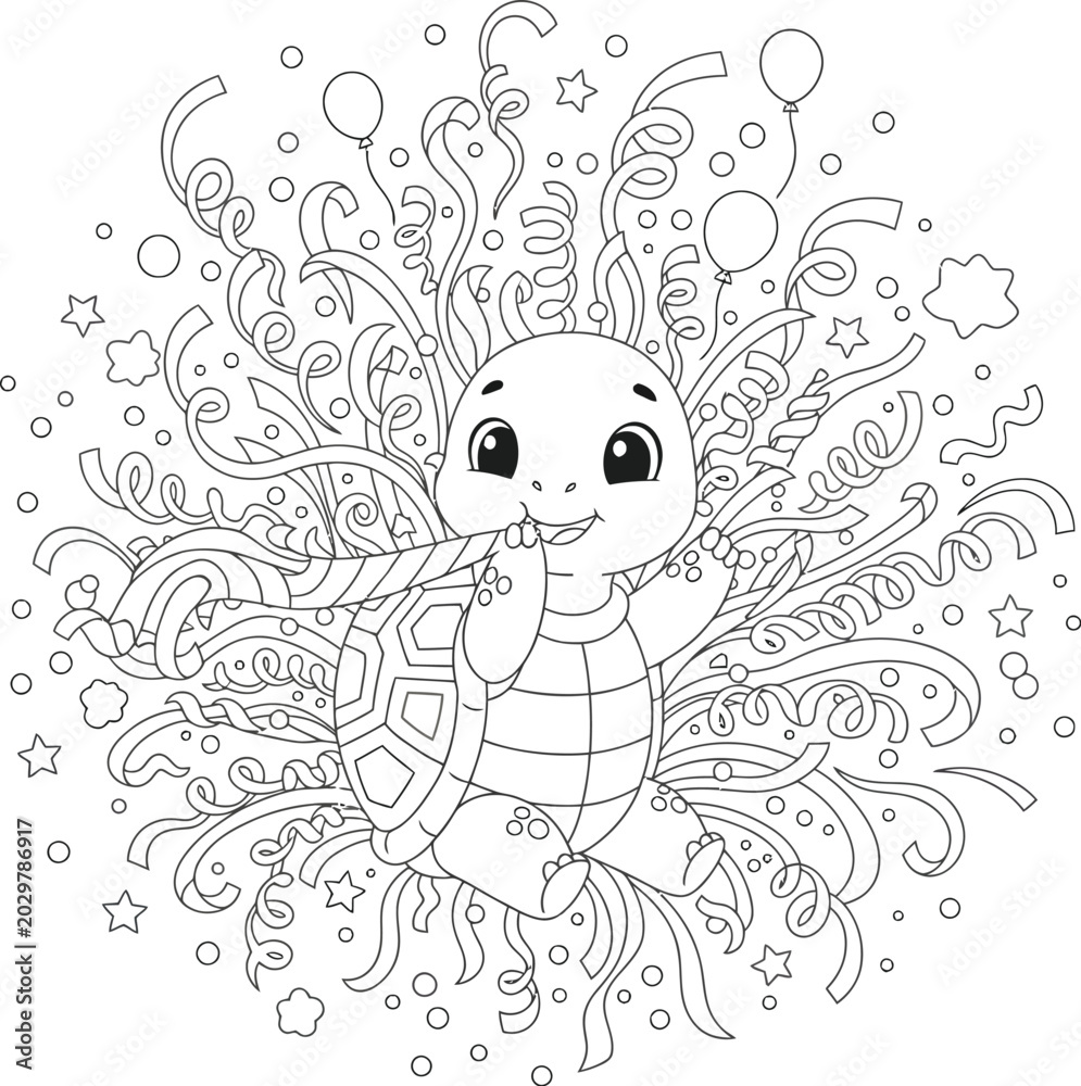 Fototapeta premium Cute Cartoon Turtle Celebrating with Party Blower and Confetti, Black and White Line Art Illustration for Kids Coloring Book, Festive Fantasy Animal Outline Drawing 