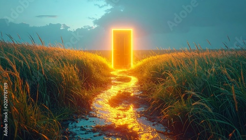 Glowing portal in a grassy field leads to a shining path