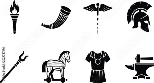 Photos Ancient Greek and Roman Mythology Icon Set Featuring Spartan Helmet Trojan Horse